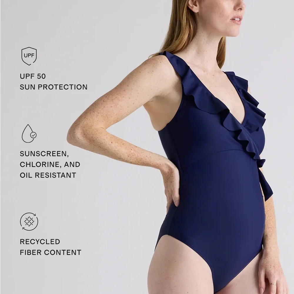 NWT Quince Italian Maternity One-Piece Ruffle Wrap Swimsuit Navy Blue Sz Large - Picture 3 of 11